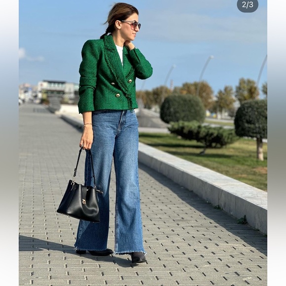 🆕(NWT) ZARA Bloggers Fav Green Tweed Double Breasted Cropped Blazer. Size XS - Picture 5 of 16